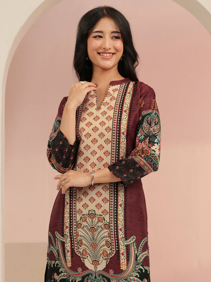 Libas Maroon Ethnic Print Muslin Straight Suit Set