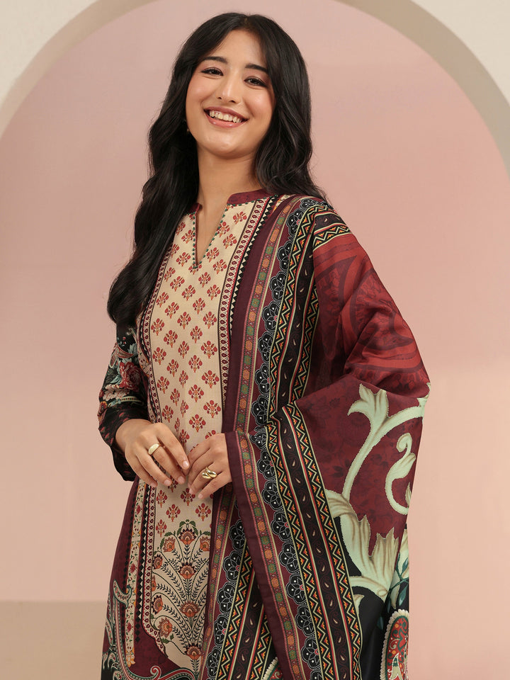 Libas Maroon Ethnic Print Muslin Straight Suit Set