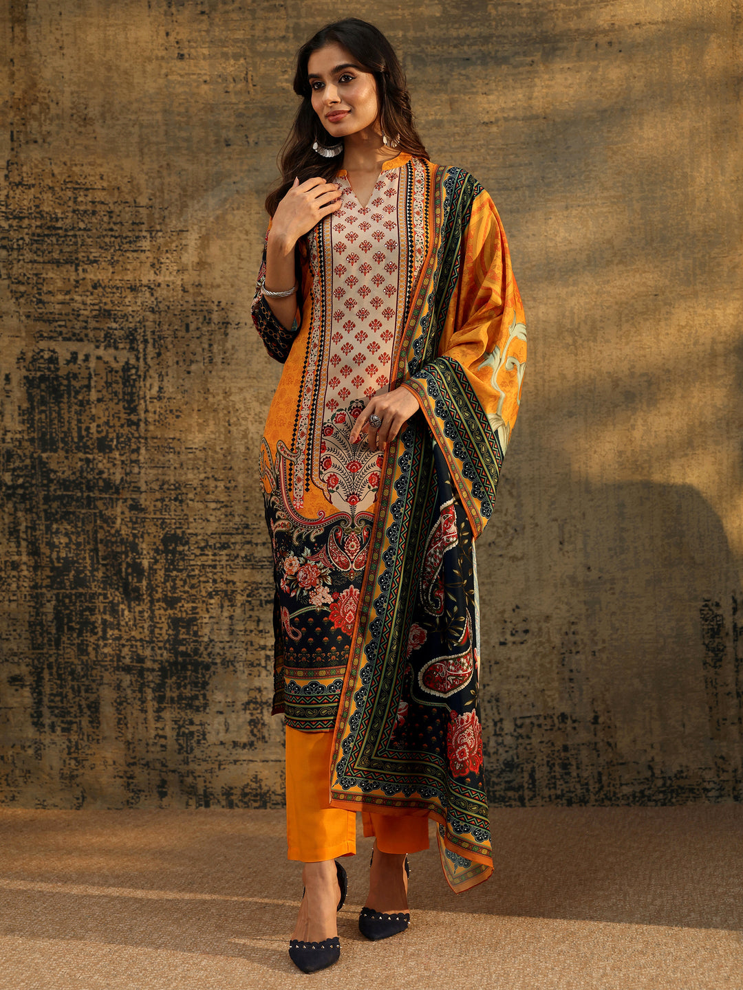 Libas Mustard Multi Print Straight Muslin Suit Set