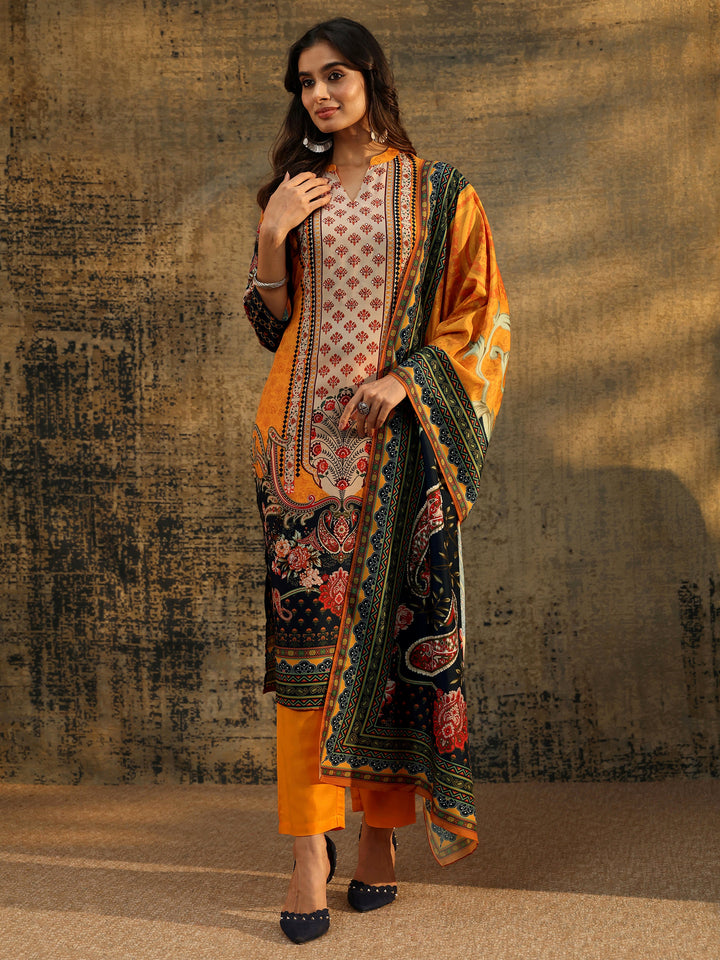 Libas Mustard Multi Print Straight Muslin Suit Set