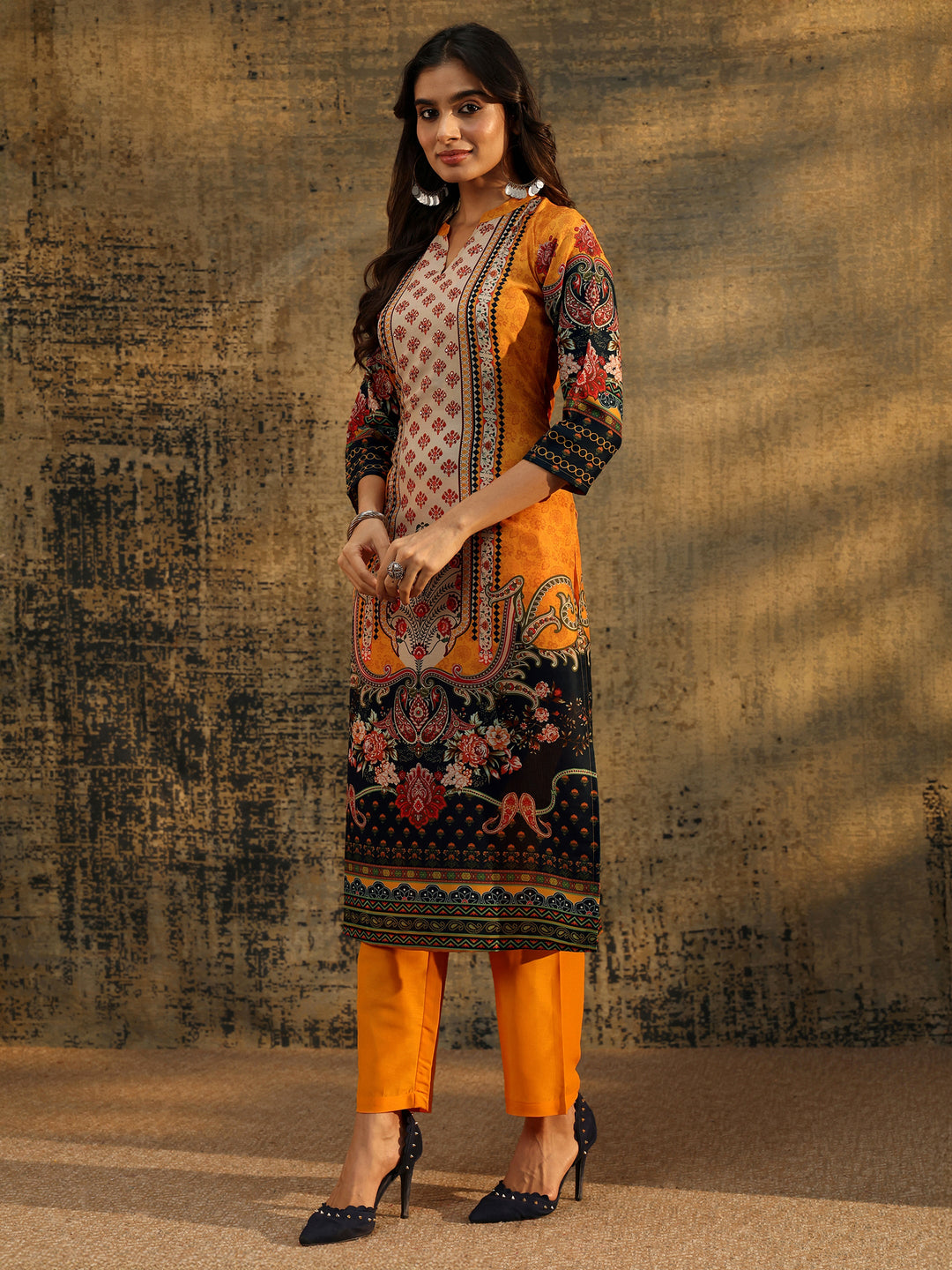 Libas Mustard Multi Print Straight Muslin Suit Set