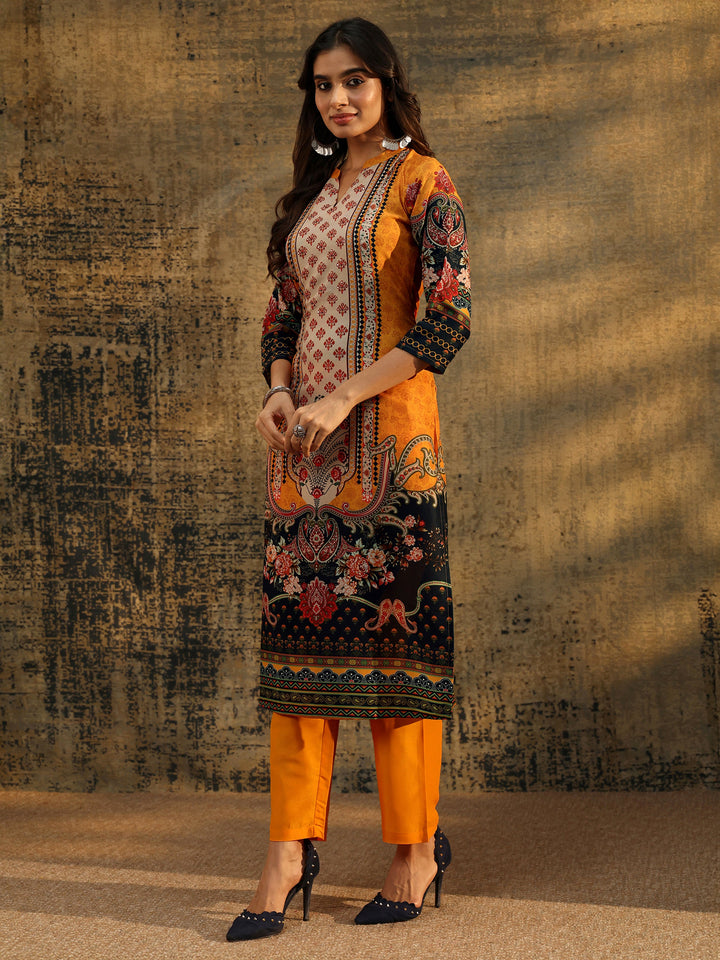 Libas Mustard Multi Print Straight Muslin Suit Set