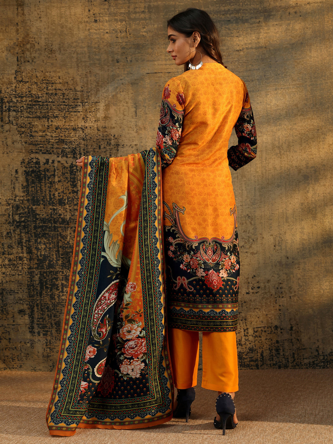 Libas Mustard Multi Print Straight Muslin Suit Set