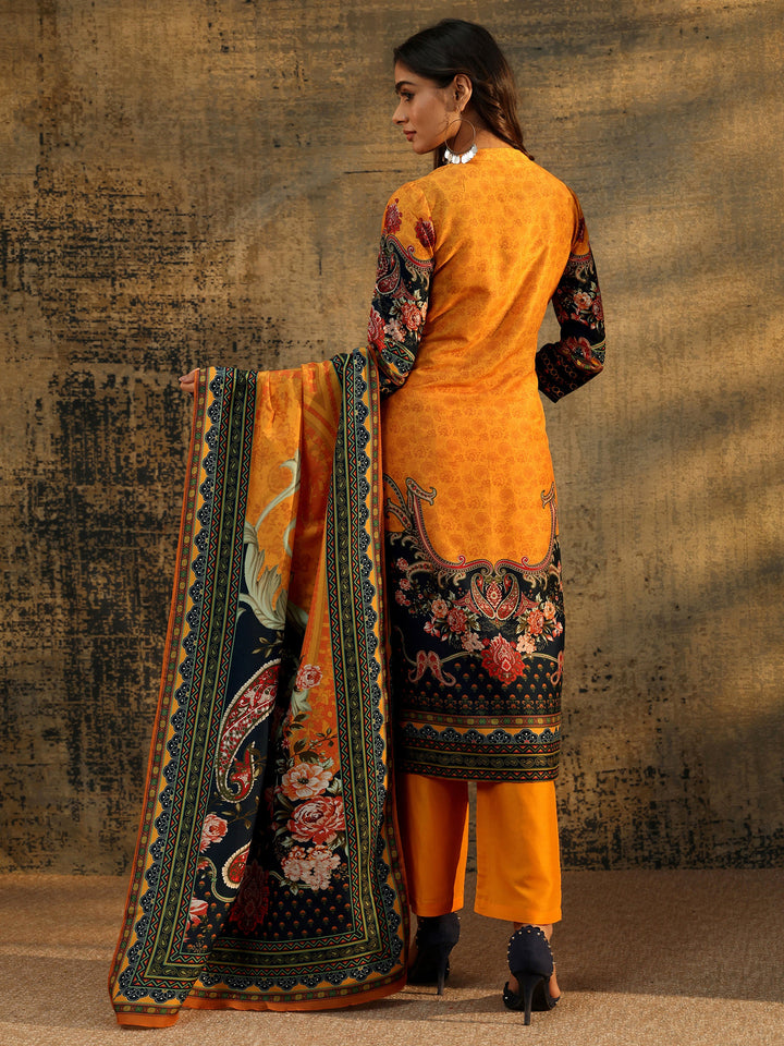 Libas Mustard Multi Print Straight Muslin Suit Set