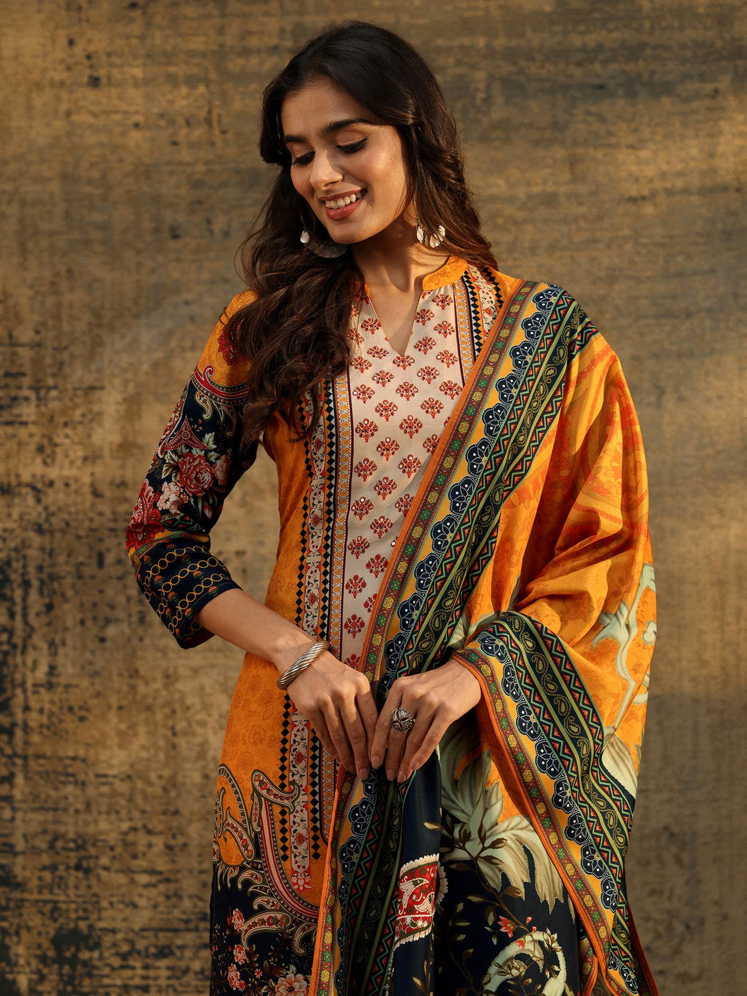 Libas Mustard Multi Print Straight Muslin Suit Set
