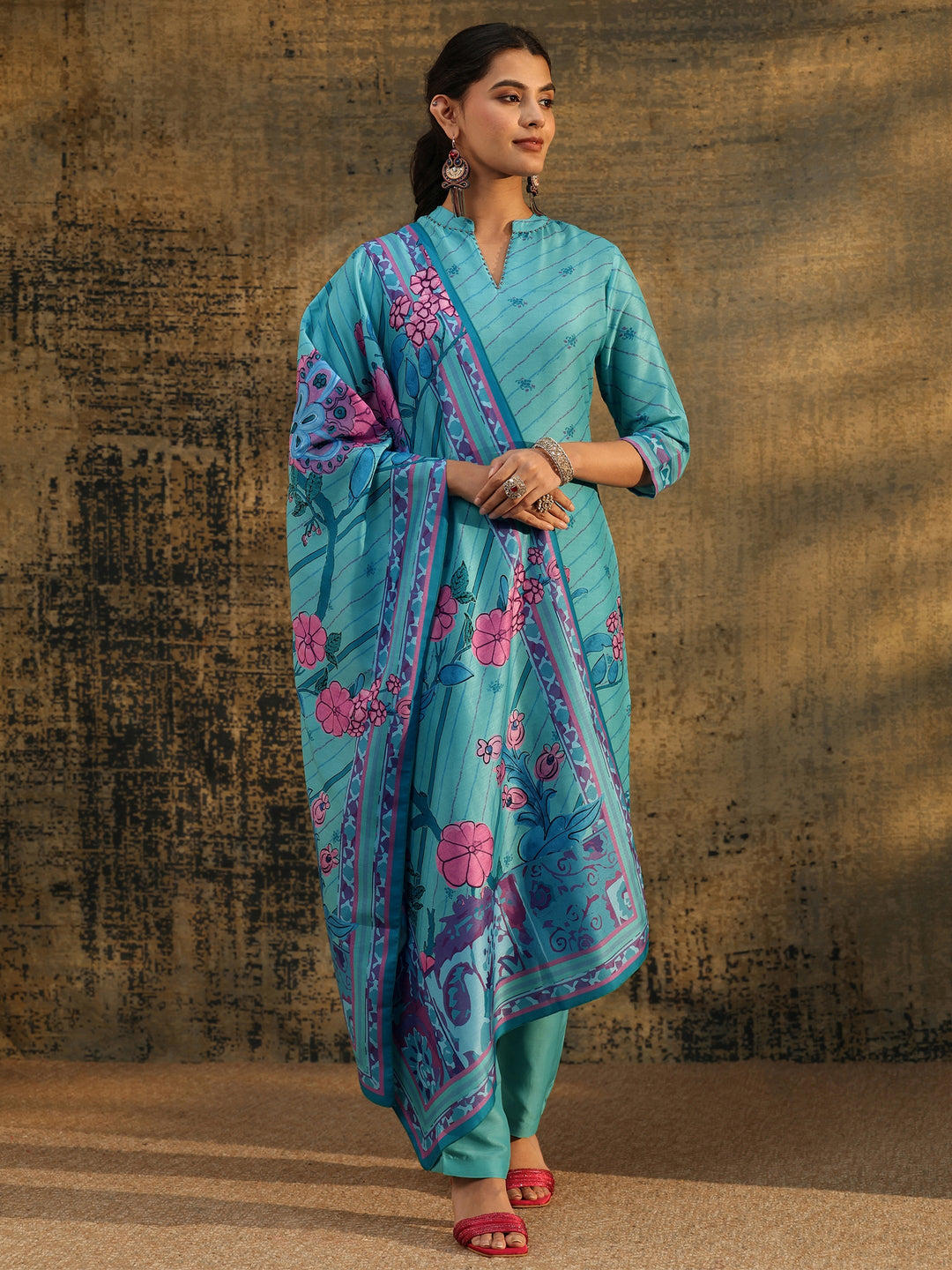 Libas Turquoise Blue Floral Printed  Muslin Straight Suit Set