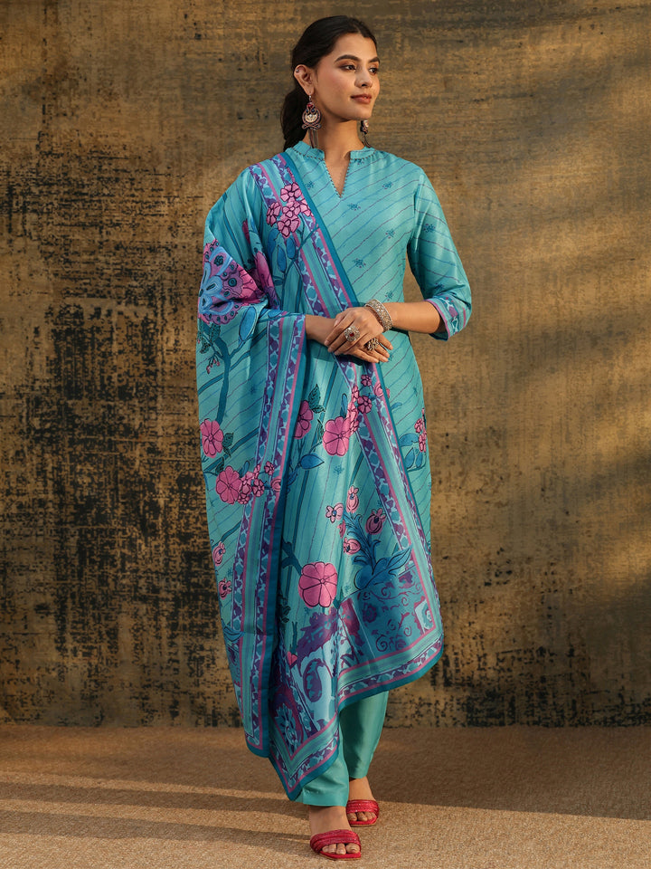 Libas Turquoise Blue Floral Printed  Muslin Straight Suit Set