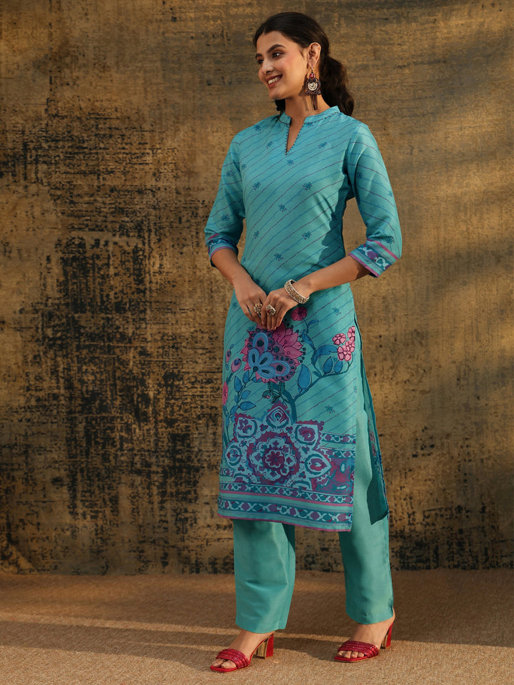 Libas Turquoise Blue Floral Printed  Muslin Straight Suit Set