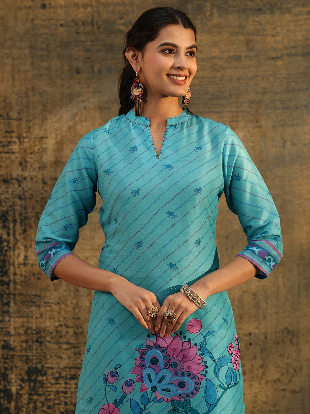Libas Turquoise Blue Floral Printed  Muslin Straight Suit Set