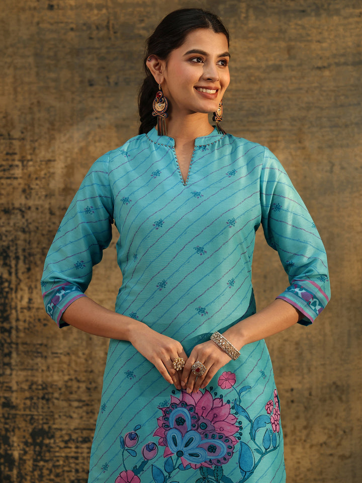 Libas Turquoise Blue Floral Printed  Muslin Straight Suit Set