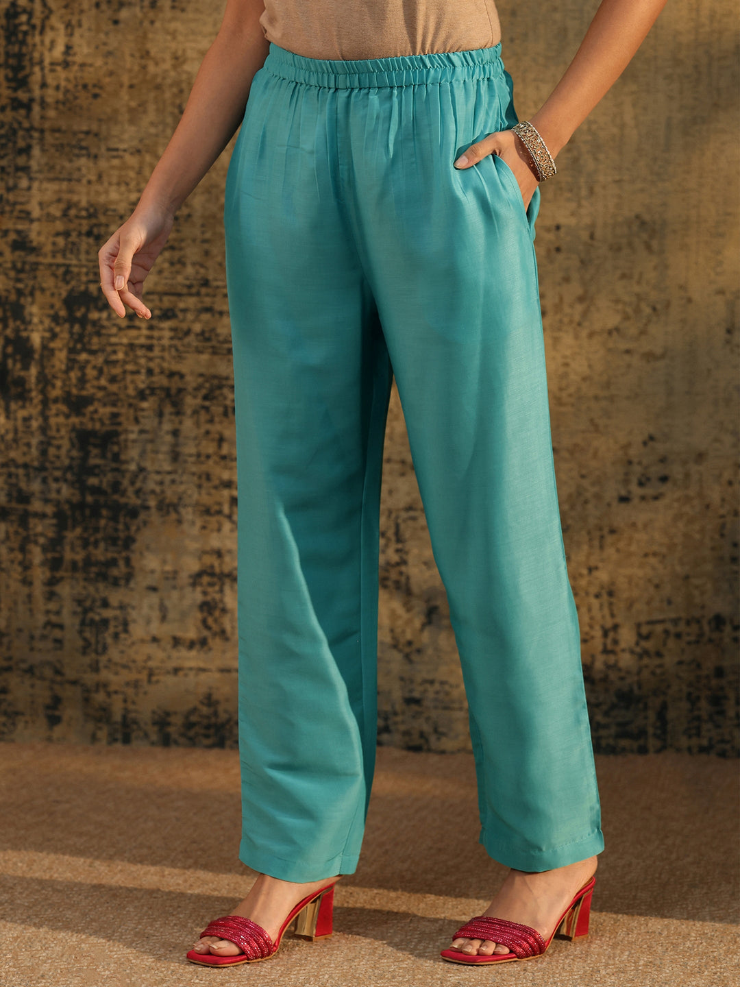 Libas Turquoise Blue Floral Printed  Muslin Straight Suit Set