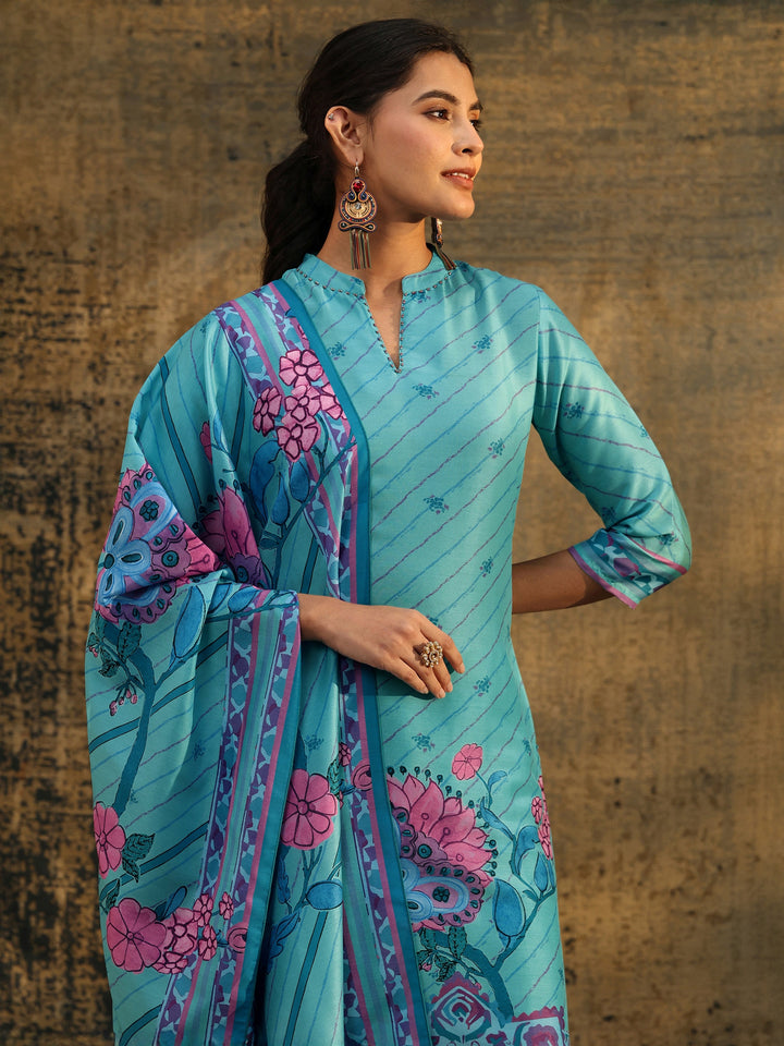 Libas Turquoise Blue Floral Printed  Muslin Straight Suit Set