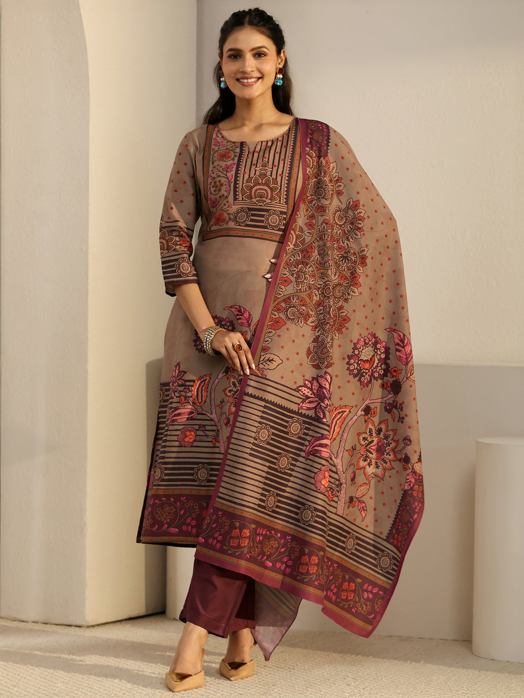 Libas Brown Floral Printed Muslin Straight Suit Set