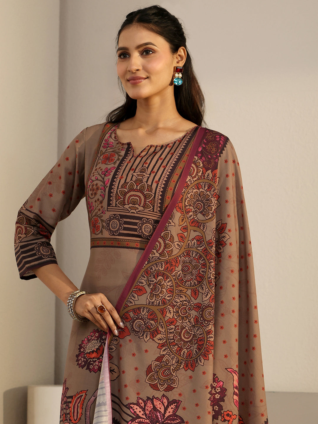 Libas Brown Floral Printed Muslin Straight Suit Set