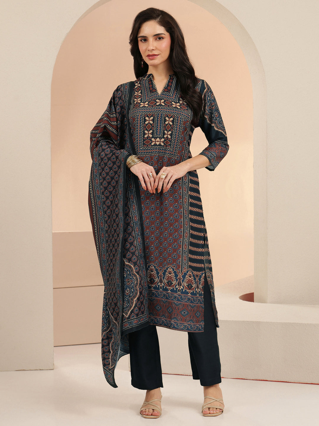Libas Navy Blue Ethnic Print Cotton Blend Straight Suit Set
