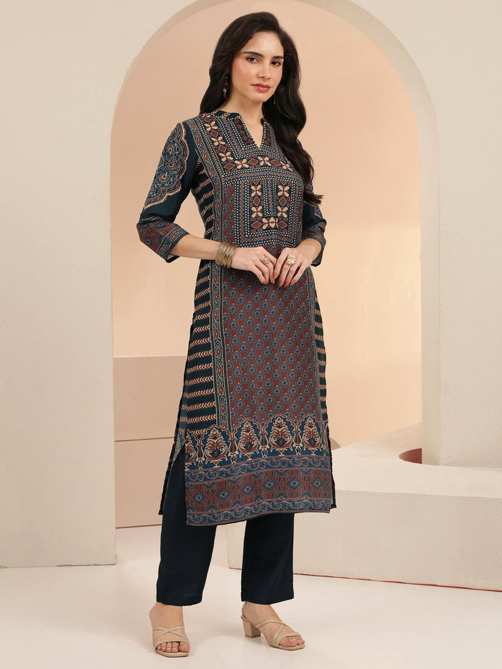 Libas Navy Blue Ethnic Print Cotton Blend Straight Suit Set
