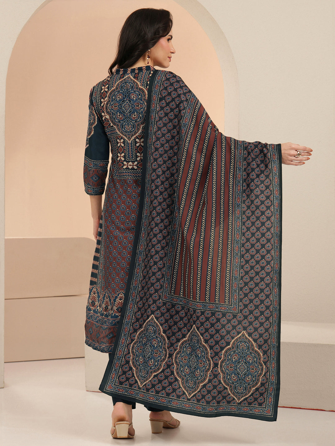Libas Navy Blue Ethnic Print Cotton Blend Straight Suit Set