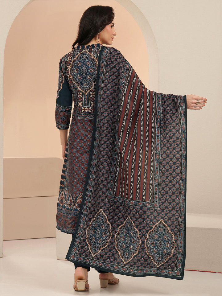Libas Navy Blue Ethnic Print Cotton Blend Straight Suit Set