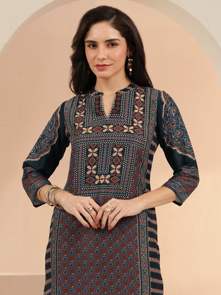 Libas Navy Blue Ethnic Print Cotton Blend Straight Suit Set