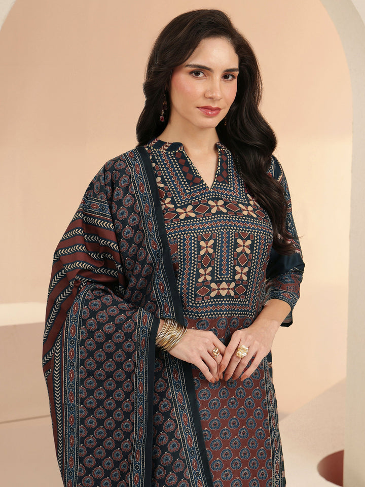 Libas Navy Blue Ethnic Print Cotton Blend Straight Suit Set