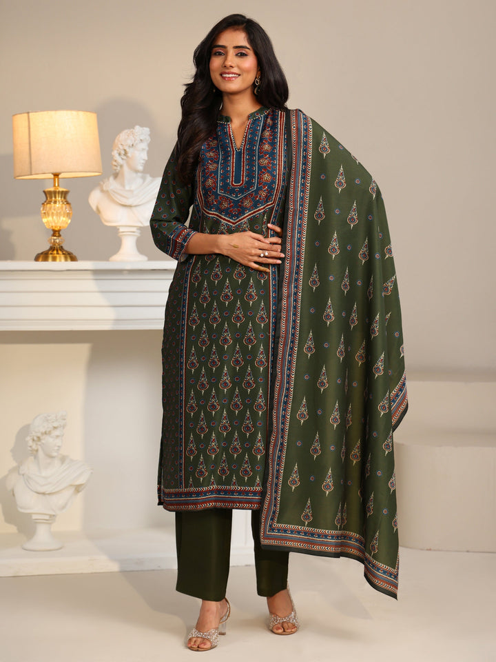 Libas Olive Green Printed Muslin Straight Suit Set