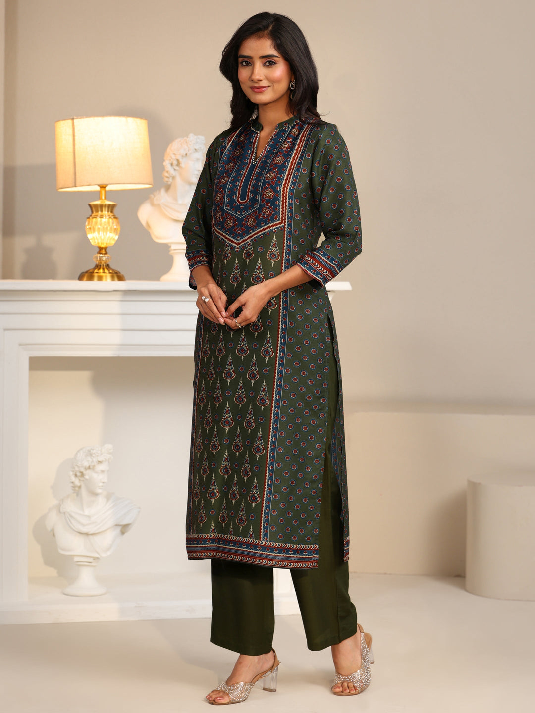 Libas Olive Green Printed Muslin Straight Suit Set