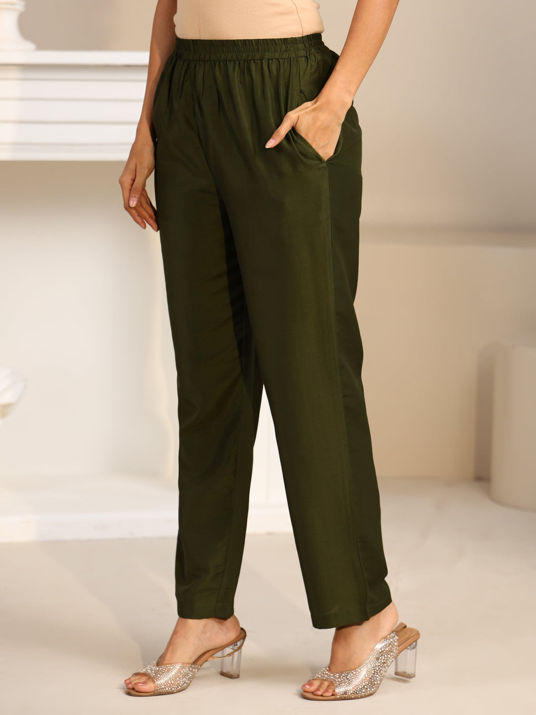 Libas Olive Green Printed Muslin Straight Suit Set