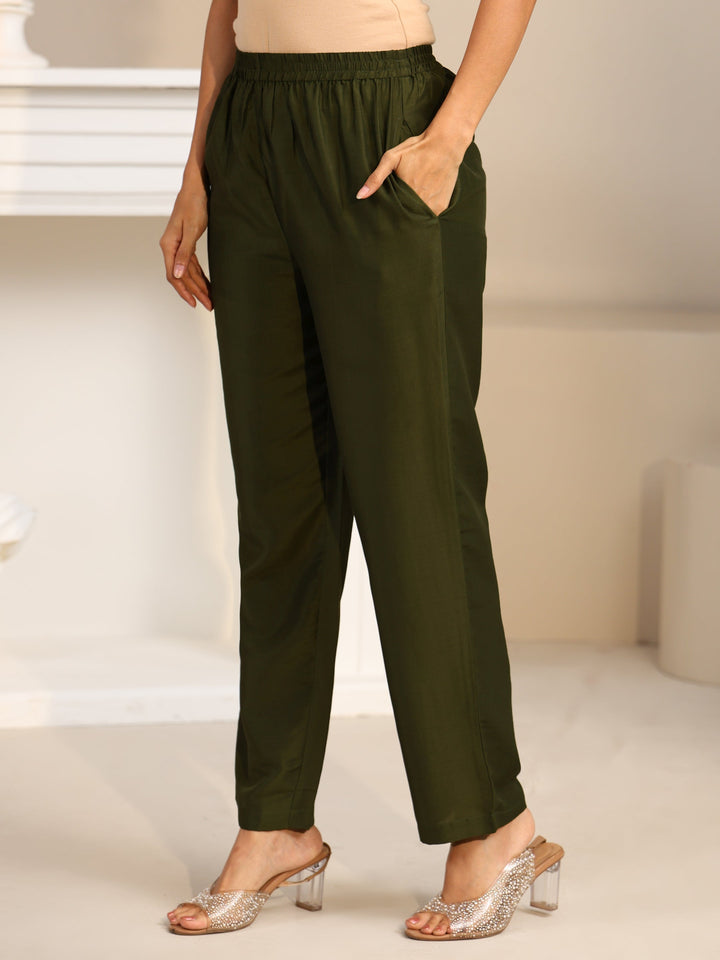 Libas Olive Green Printed Muslin Straight Suit Set