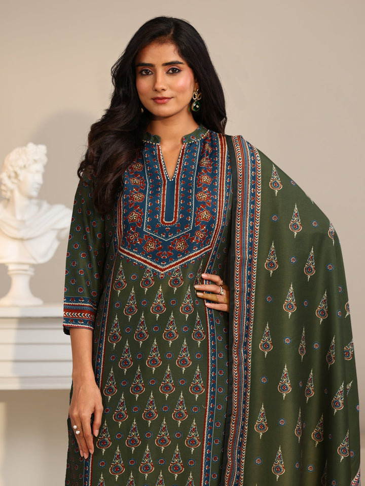 Libas Olive Green Printed Muslin Straight Suit Set