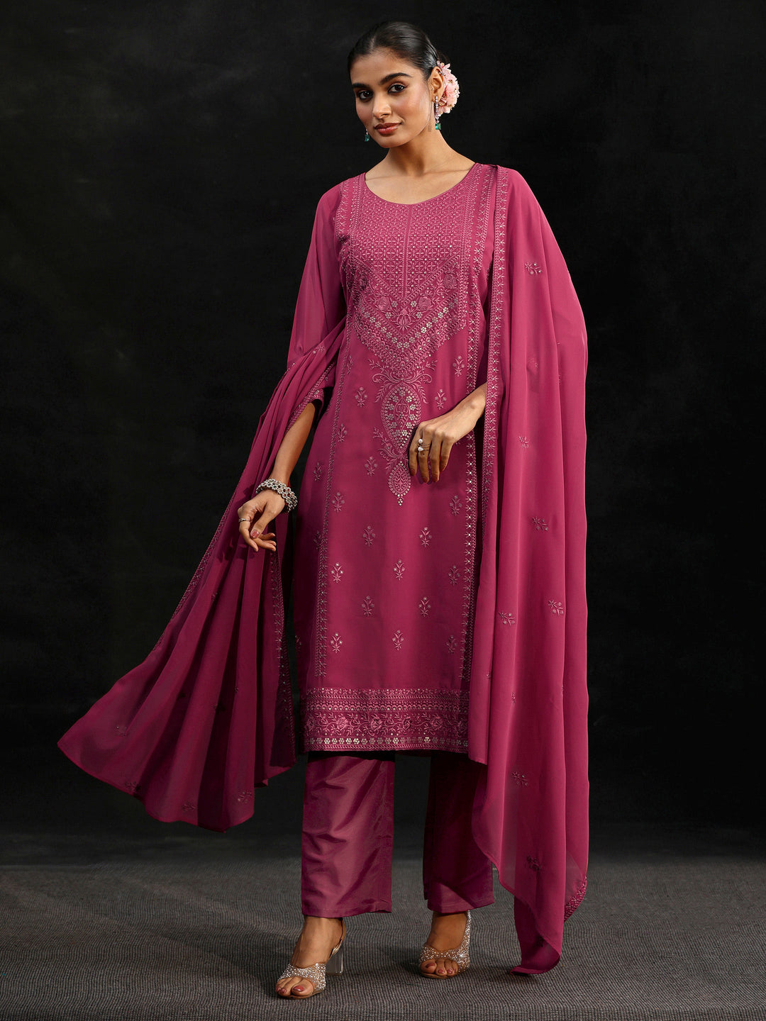 Libas Pink Floral Embroidered Georgette Straight Suit Set