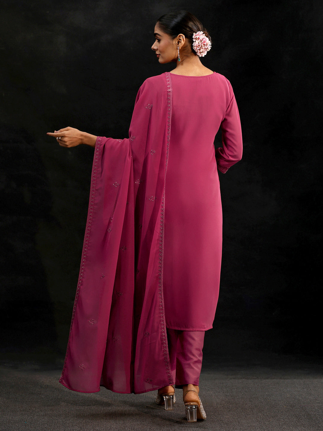 Libas Pink Floral Embroidered Georgette Straight Suit Set