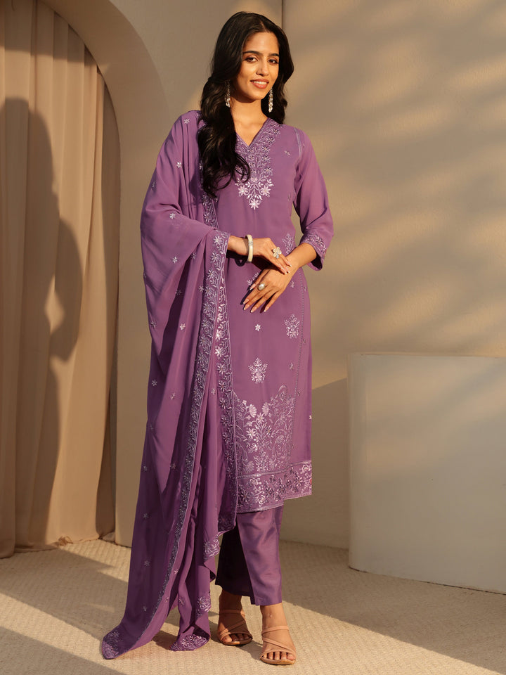 Libas Lavender Floral Embroidery Straight Georgette Suit Set