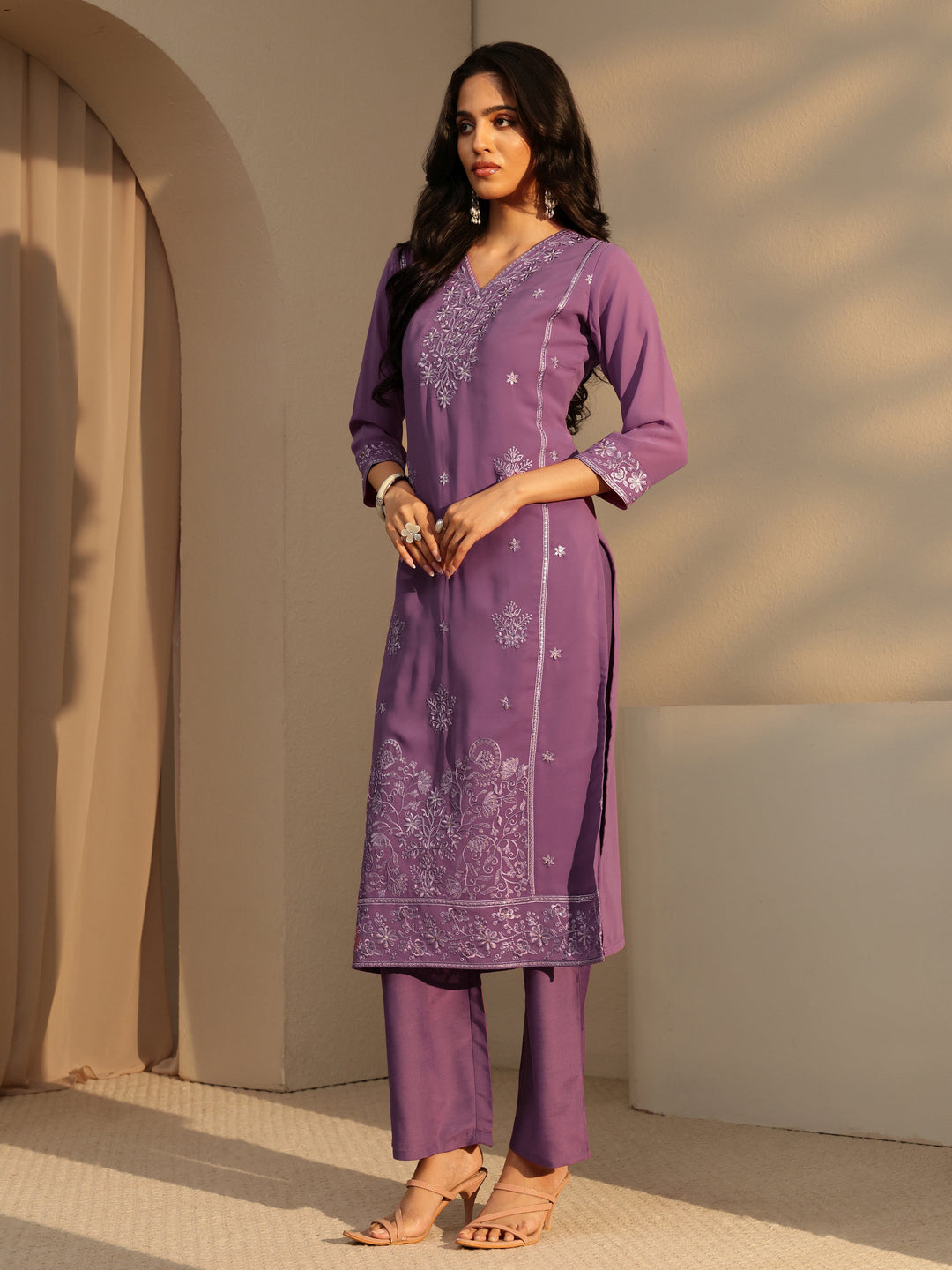 Libas Lavender Floral Embroidery Straight Georgette Suit Set