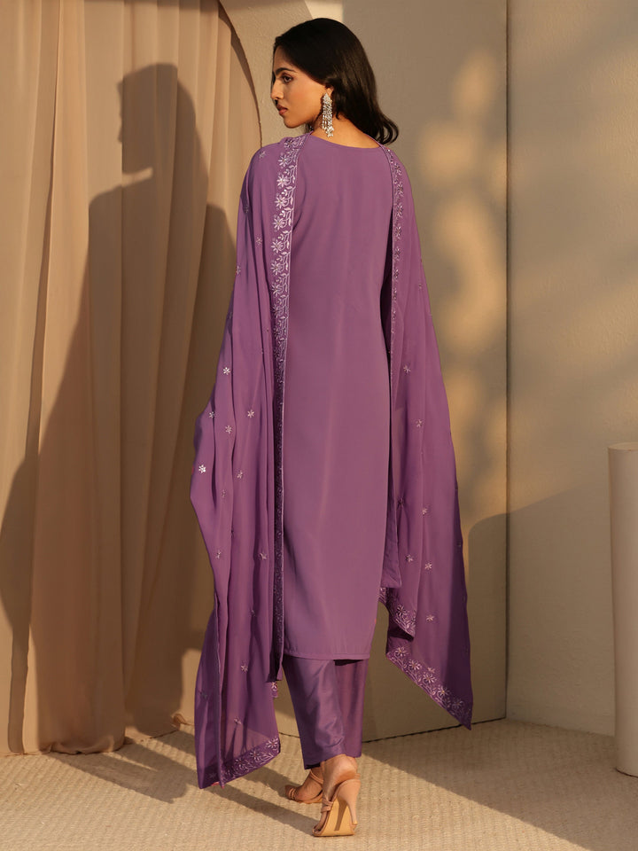 Libas Lavender Floral Embroidery Straight Georgette Suit Set