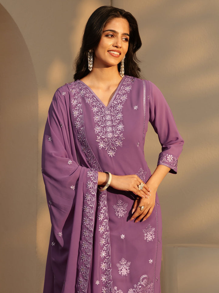 Libas Lavender Floral Embroidery Straight Georgette Suit Set