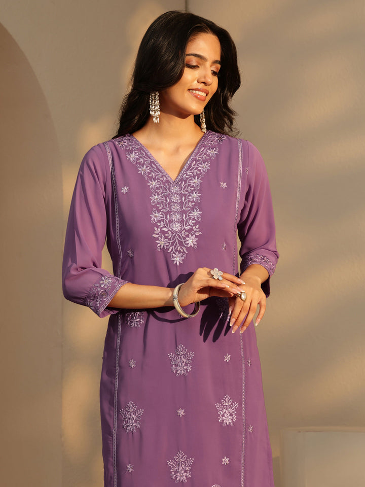 Libas Lavender Floral Embroidery Straight Georgette Suit Set