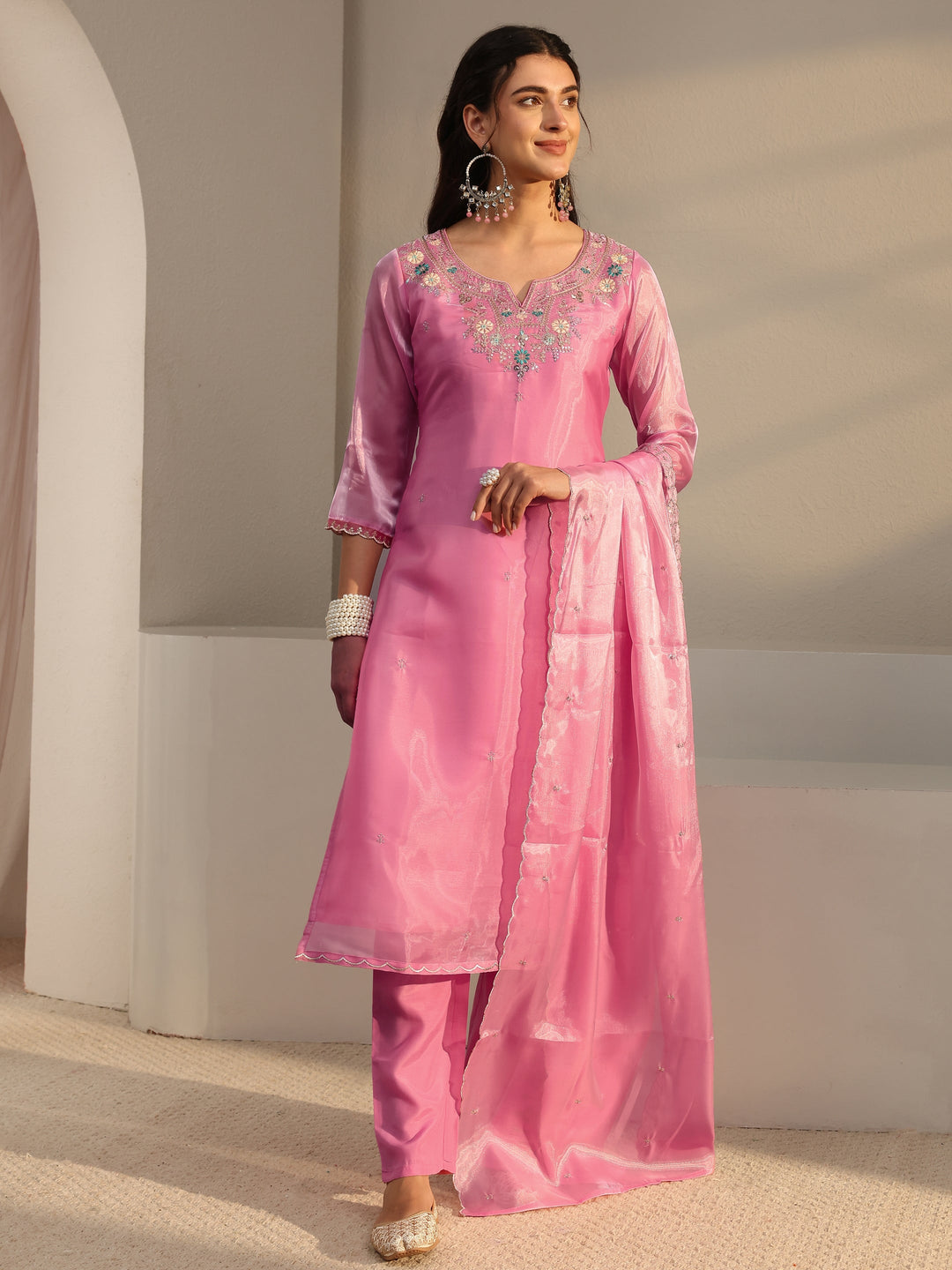 Pink Floral Embroidered Tissue Straight Suit Set With Dupatta