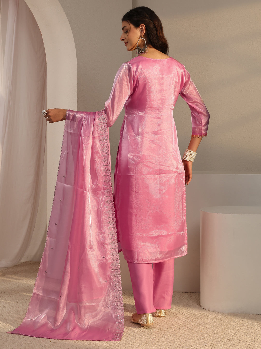 Pink Floral Embroidered Tissue Straight Suit Set With Dupatta