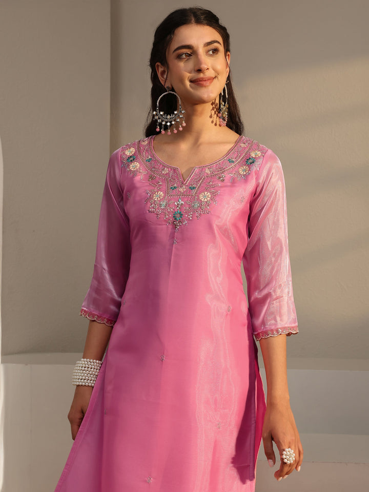 Pink Floral Embroidered Tissue Straight Suit Set With Dupatta