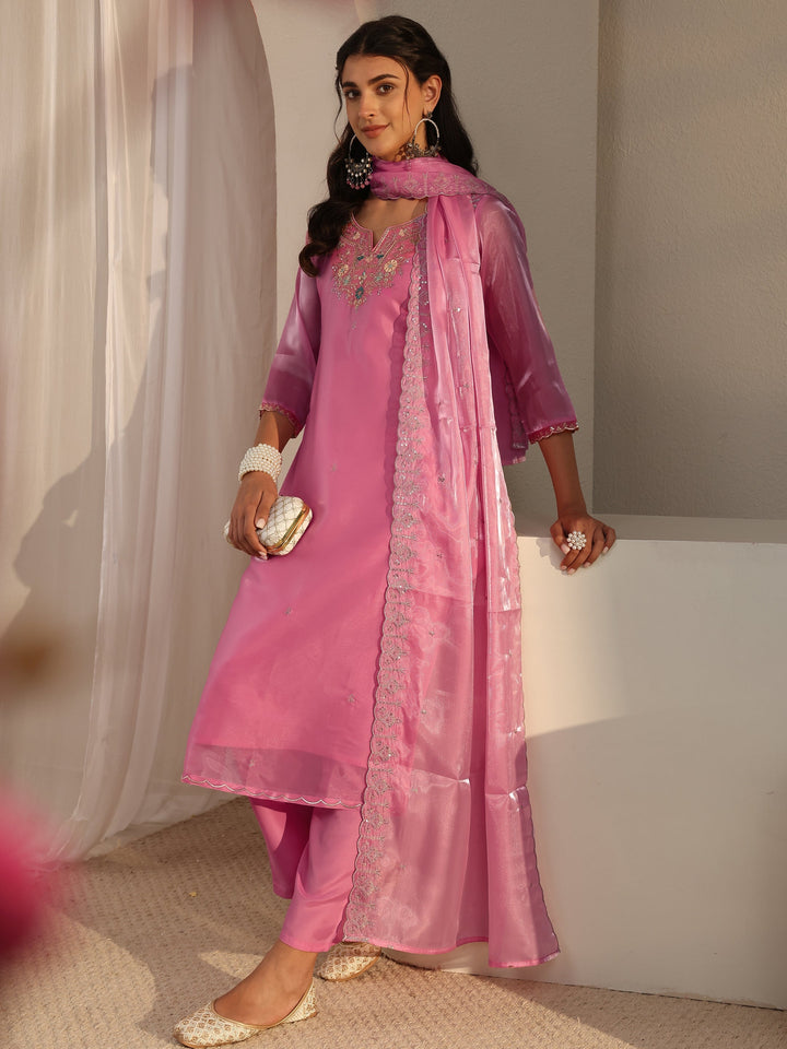 Pink Floral Embroidered Tissue Straight Suit Set With Dupatta