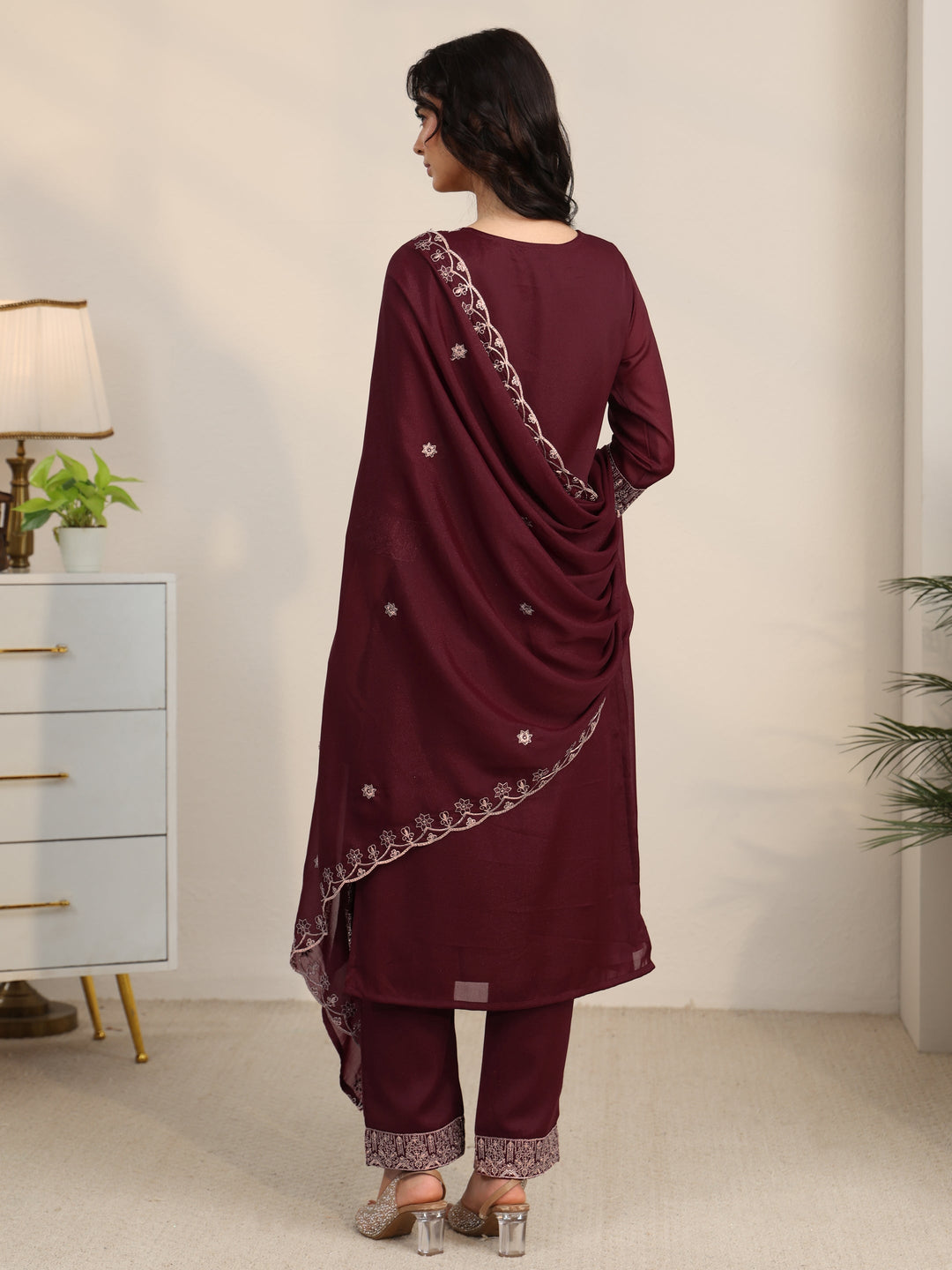 Libas Maroon Embroidered Chinon Straight Suit Set