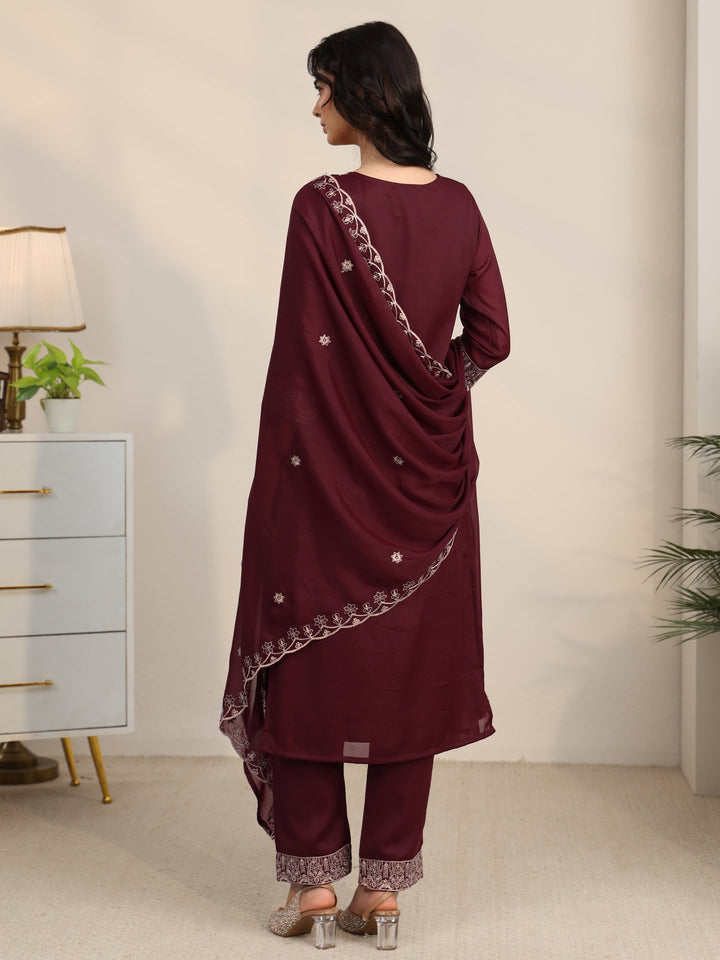 Libas Maroon Embroidered Chinon Straight Suit Set