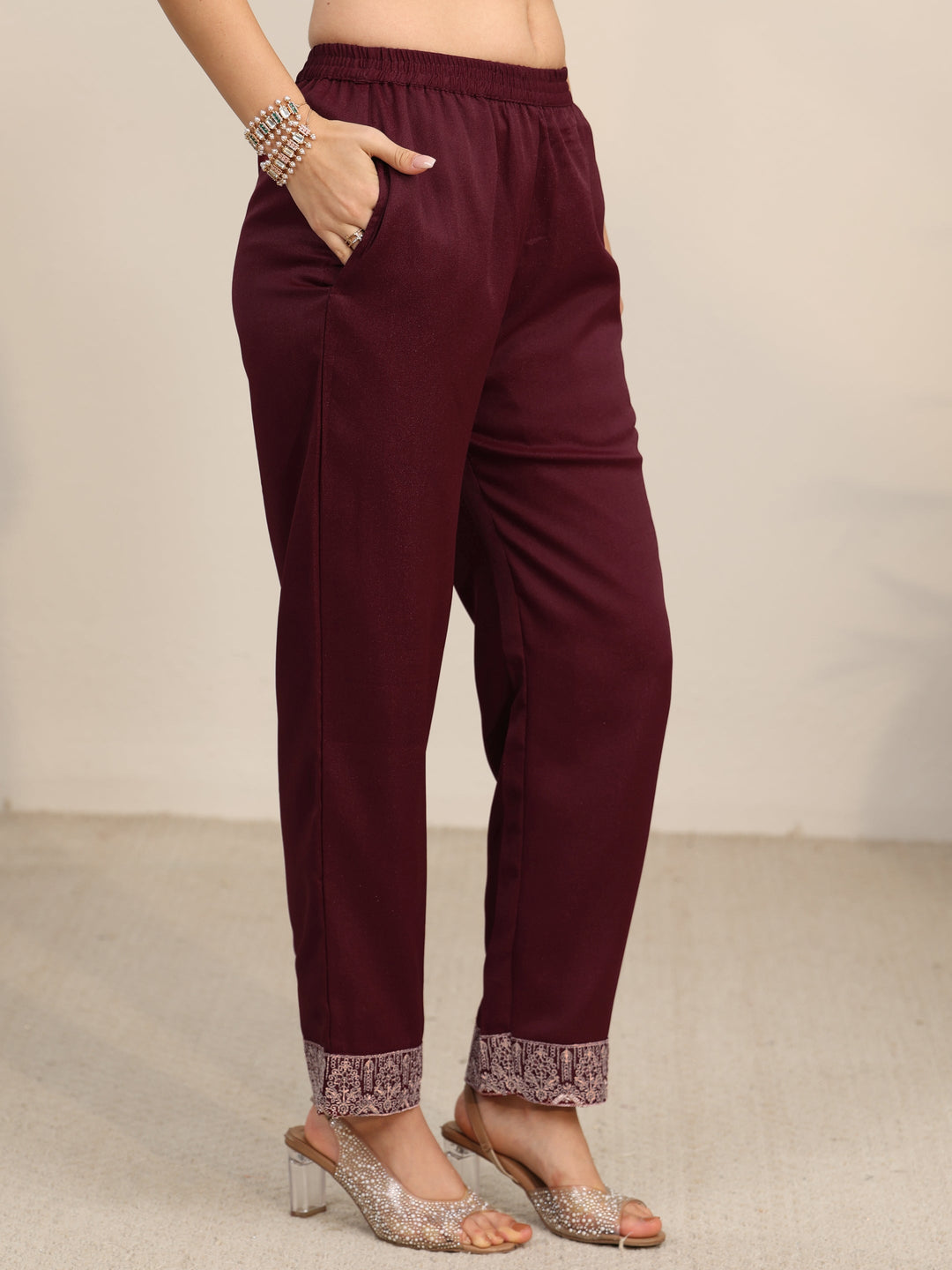 Libas Maroon Embroidered Chinon Straight Suit Set