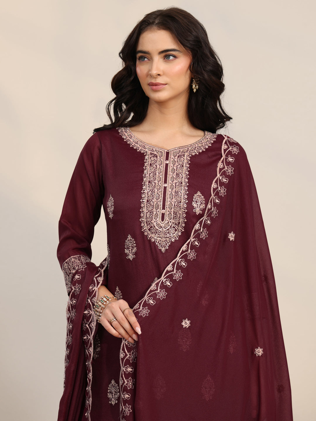 Libas Maroon Embroidered Chinon Straight Suit Set