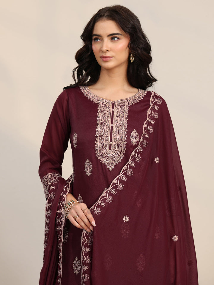 Libas Maroon Embroidered Chinon Straight Suit Set