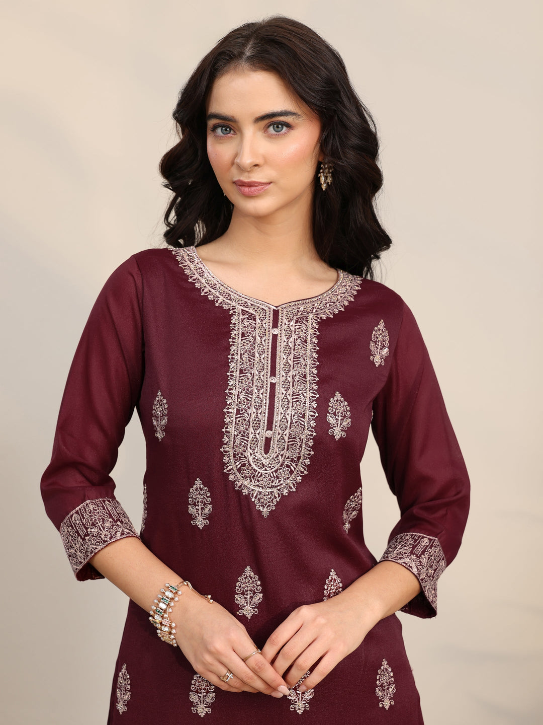 Libas Maroon Embroidered Chinon Straight Suit Set