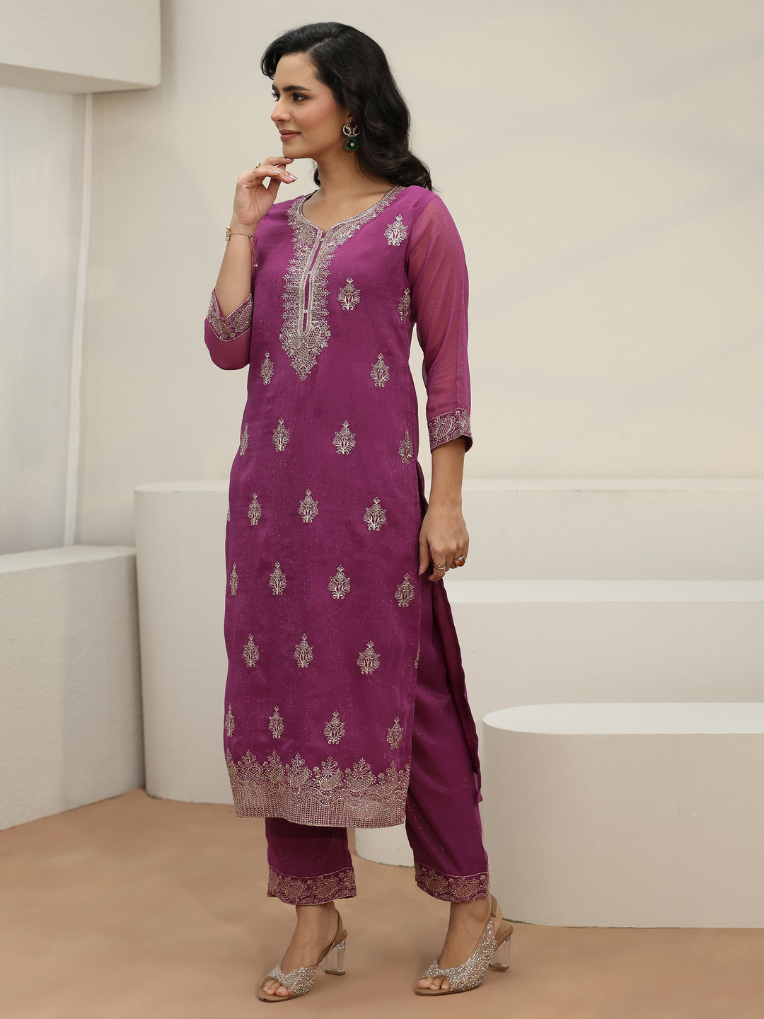 Libas Lavender Embroidered Chinon Straight Suit Set