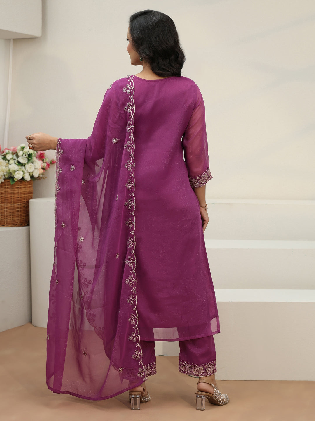 Libas Lavender Embroidered Chinon Straight Suit Set