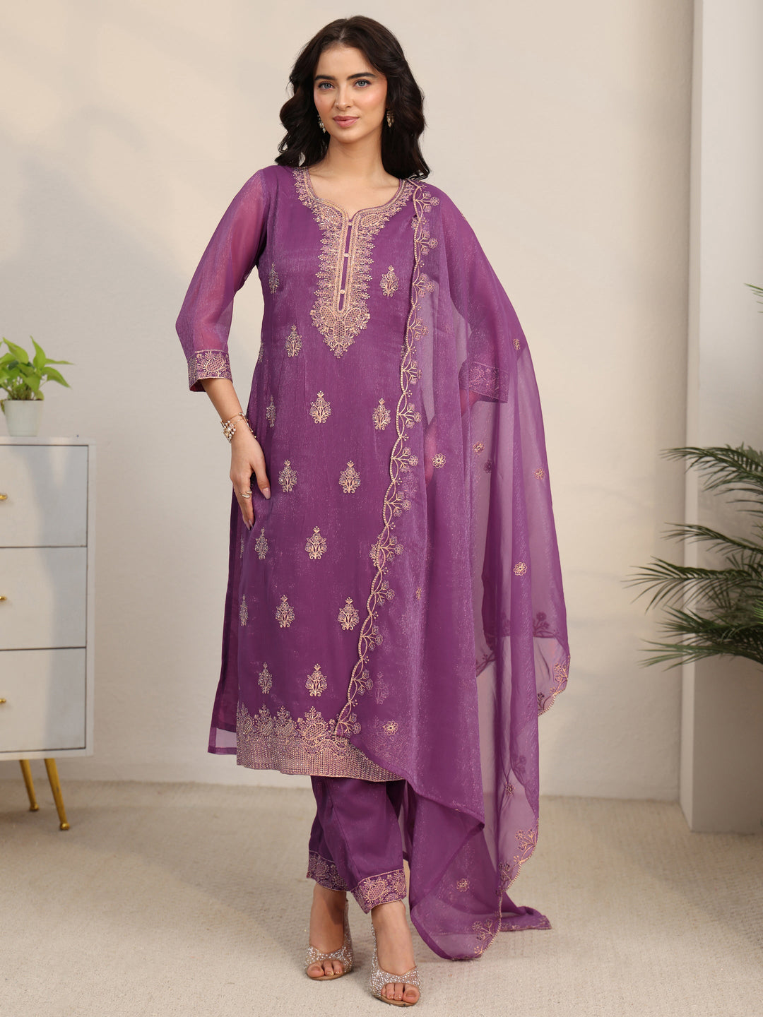Libas Burgundy Embroidered Chinon Straight Suit Set