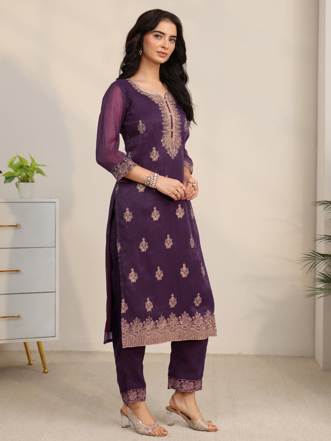 Libas Burgundy Embroidered Chinon Straight Suit Set